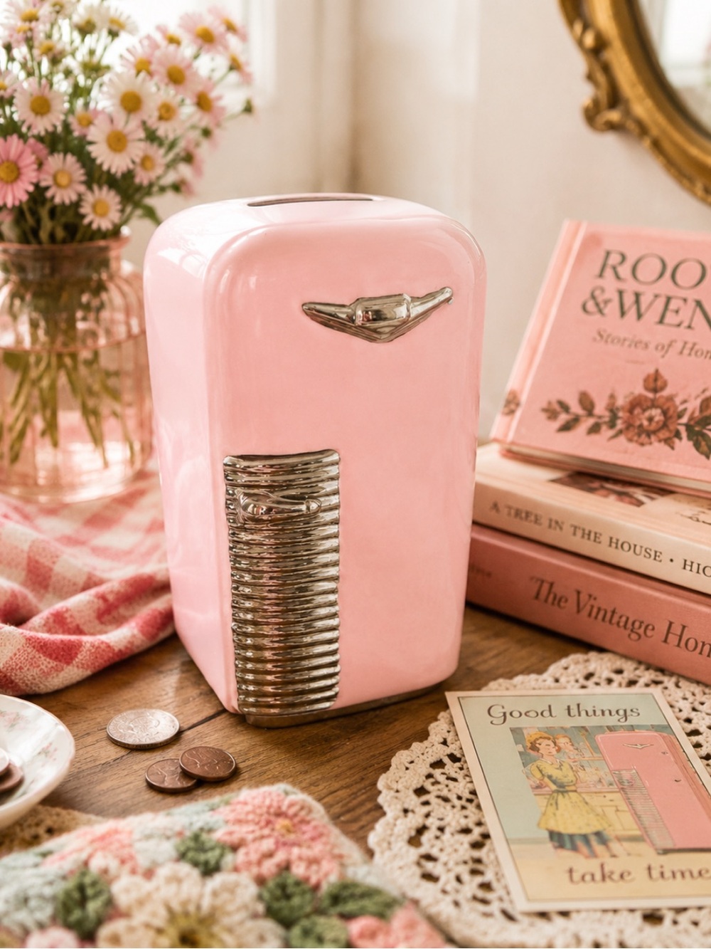 Pink Retro Refrigerator Coin Bank Ceramic Piggy Bank Leadworks